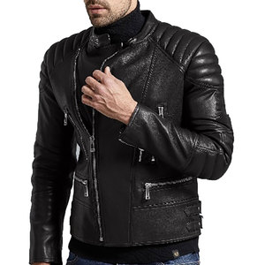 Chaquetas Bomber Ligeras con Cremallera y Bolsillos, Chaquetas de Motociclista con Cuello Alto, Chaqueta de Cuero Negra para Hombre - Product Image 2