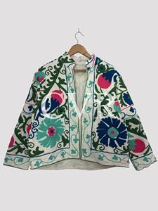 Bohemian Floral Embroidered Cotton Jacket Mandarin Collar Three Quarter Sleeve Plus Size Women's Outerwear Spring Casual Style - Product Image 1