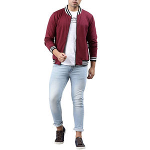 Men's Maroon Bomber <b>Jacket</b> Solid Color Zipper Closure Casual Style Turn-down Collar Slim Fit Polyester Cotton Autumn Wear - Product Image 6