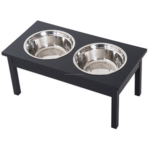 Cuencos elevados de madera de acacia y acero inoxidable, estación de alimentación para mascotas blanca y negra para perros y gatos, suministro de agua y alimentos - Product Image 1