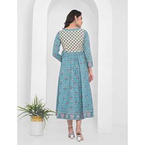 Vestido Anarkali Largo de Algodón con Estampado Azul, Cintura Imperio, Estilo Boho, Transpirable, Personalizable, ODM Gratuito para Uso Casual o de Noche - Product Image 6