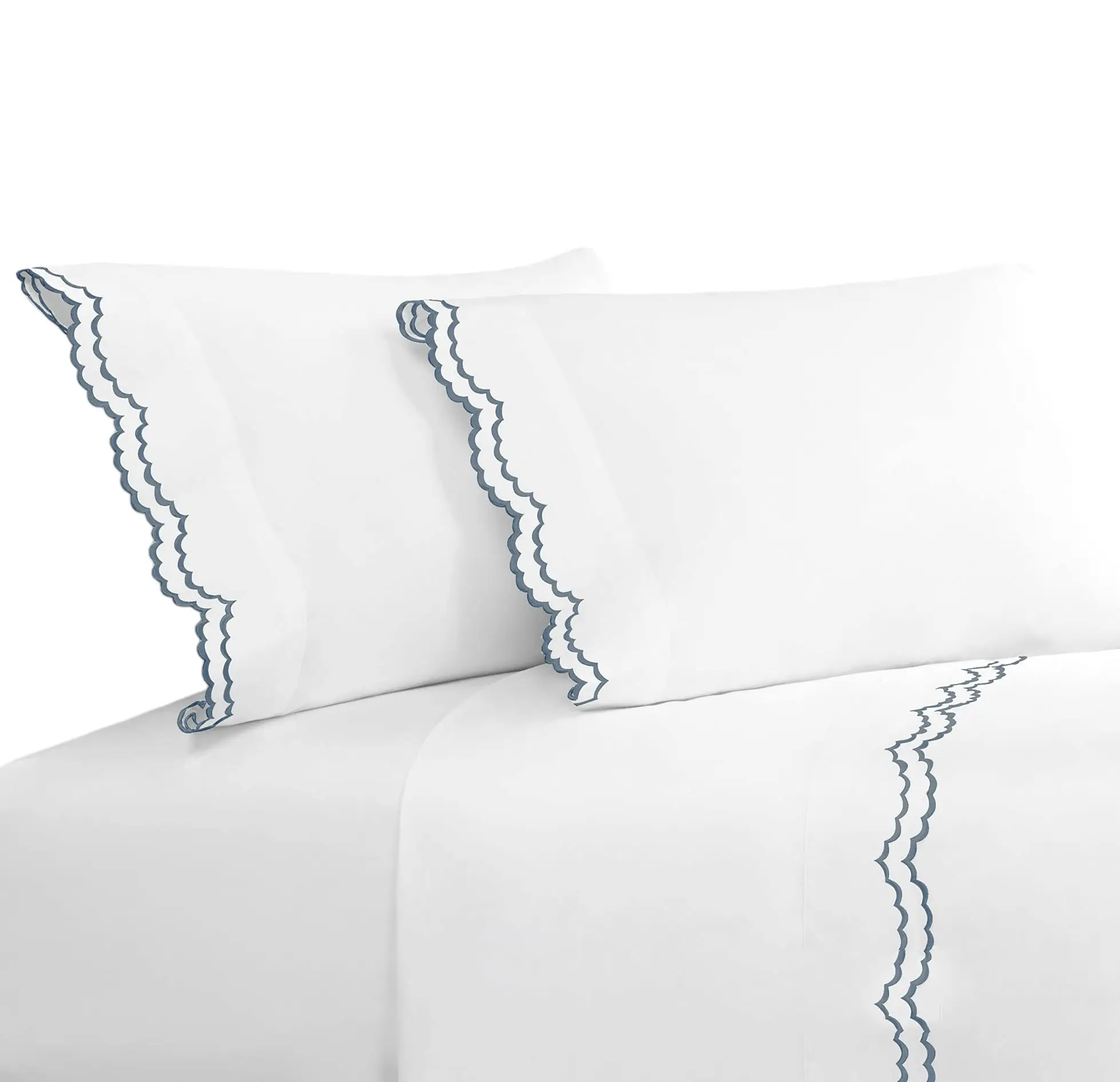 Custom Embroidery Double Scalloped Percale Duvet Cover Sets Luxury Bedding Sets High Quality White Cotton Bed Sheets for Home