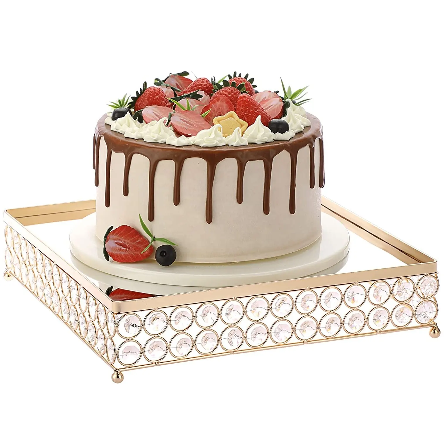 एकल स्तरीय मनके केक खड़े हो जाओ गोल्डन रंग चौकोर आकार दर्पण शीर्ष ऊंचा केक गेंद के आकार के साथ खड़े पैर