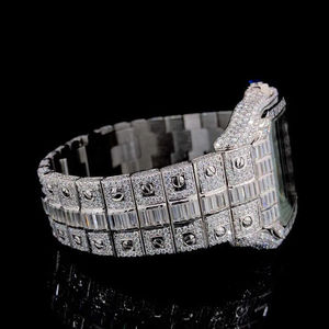 Montre mécanique de luxe pour homme, personnalisable, entièrement blanche, avec diamants en moissanite VVS de marque supérieure, or blanc, verre en silicone, étanche - Product Image 4