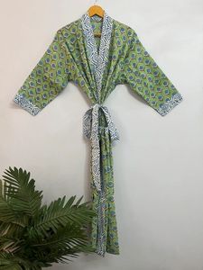 Robe de chambre longue au sol en coton fait à la main pour femmes, vêtements de nuit d'été imprimés Kimono, couverture de plage décontractée et Robe de demoiselle d'honneur - Product Image 6