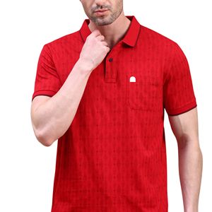 Polo de algodón de alta calidad con estampado personalizado para hombre, corte ajustado, color rojo, polo clásico con estampado AOP, cuello ajustado, manga corta. - Product Image 1