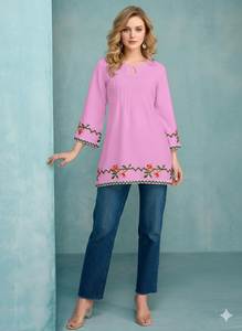 El más popular para fiestas de oficina: Tela de seda Georgette, estilo cuello redondo, longitud media, sin costuras, diseño indio moderno, multicolor, para mujer. - Product Image 2