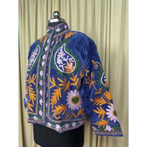 Boho Chic Retro Chic Free Size Robe Hand Embroidered Blue Floral Velvet Suzani <b>Jacket</b> Open Front Winter Coat Soft Free Size Robe - Product Image 4