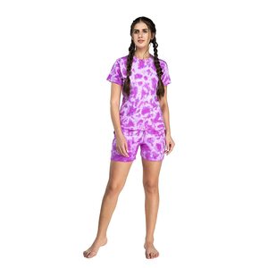 Ensemble de pyjama en coton tricoté 100% personnalisé avec logo, tie-dye, respirant, taille élastique, fermeture à cordon, haut et short en modal ODM - Product Image 3