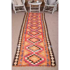 2.9x9.5 ft Rug, <b>Runner</b> Turkish Rug, <b>Red</b> Kilim Polka dot Rug - Product Image 1