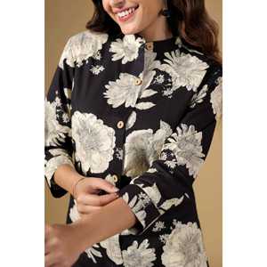 Bohemian Floral Printed Cotton Tunic Cuffed Sleeves Wooden Buttons Elastic Waistband Straight <b>Pants</b> Set for Effortless Elegance - Product Image 6