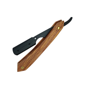 Rasoir de coiffeur professionnel à bord droit avec logo personnalisé avec manche en bois classique en acier lame tranchante et amincissement pour la mise en forme de la coupe de cheveux - Product Image 1