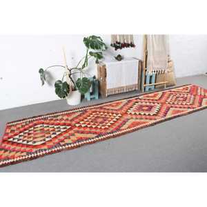 Turkish Vintage <b>Runner</b> Rug 3.1x12.3 ft, <b>Red</b> Brown Floral Wool Rug - Product Image 4