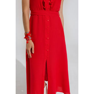 Vestido Rojo de Verano con Corte en A, Volantes y Detalle de Botones, Cintura Natural - Product Image 4