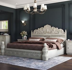 Ensemble de lit plate-forme King Size en bois de teck sculpté à la main de luxe 2 tables de chevet en bois massif tête de lit Camelback Midcentury Modern - Product Image 1