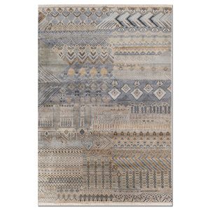 Tapis en soie noué à la main Manchaha, gris et noir, géométrique, pour salon, design rectangulaire en patchwork, pour la maison, Car-LUV-644 - Product Image 1