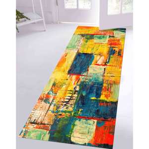 Tapis d'art abstrait : décor moderne jaune, vert et bleu, avec tapis à poils doux - Product Image 5