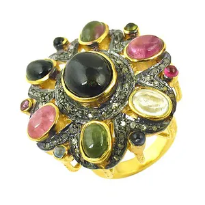 Bague de cocktail bohème pour femme, plaquée or 18 carats, en alliage, avec onyx noir et pierres précieuses naturelles serties pavé, bijoux de fête - Product Image 3