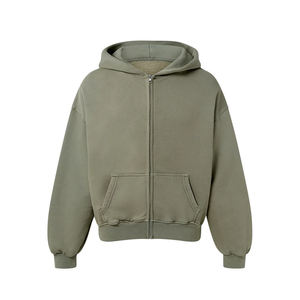 Sudadera con capucha y sudadera para hombre de la mejor calidad 450 GSM algodón orgánico Vintage Oliva cremallera corte Premium coser teñido liso para invierno - Product Image 1