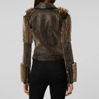 Chaqueta de Mujer Personalizada, Transpirable, con Tachuelas Doradas, de Lona y Piel de Oveja, con Cuello Mao, Manga Corta, Estilo Biker, Rock, Punk