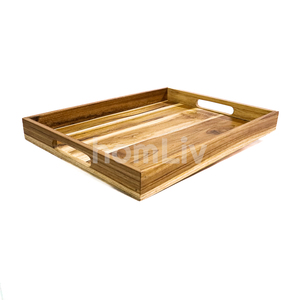 Plateau de service rectangulaire en bois de teck naturel avec poignées découpées, plateau décoratif halal pour restaurant et hôtel - Product Image 6