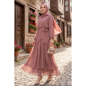 Vestido de Gasa de Lujo Vintage para Mujer con Detalle de Volantes Asimétricos, Color Rosa Polvo, Tallas XS-XXL, Estilo Imperio, Línea A, Vestido de Gala con Flores y Borlas - Product Image 1