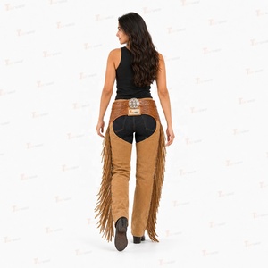 Pantalon d'équitation pour femme en cuir véritable, style western, taille haute, à franges, avec fermeture à boucle - Product Image 4