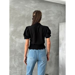 Chemise en lin noir Topshow avec détail floral sur la poitrine - Vente en gros - NOIR - Product Image 5