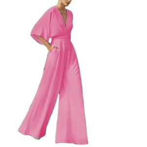 จั๊มสูทผู้หญิงคอวีแขนครึ่งแขนหรูหรา, จั๊มสูทแฟชั่นเอวขากว้างยาวพิเศษจั๊มสูทลำลองมีกระเป๋าทรงหลวม - Product Image 4