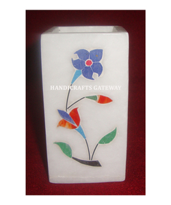 Beautiful Handmade <b>White</b> Marble Inlay Durable <b>Pen</b> Holder With Flower Design Square Shape Home Purpose Multi Use for Buyers - Product Image 1