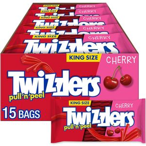 TWIZZLERS PULL 'N' PEEL Sabor Cereza Tamaño King, Paquetes de Caramelos Masticables, 4.2 oz (15 Unidades) - Product Image 1