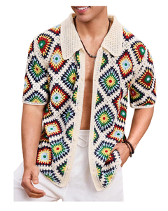 Camisas de punto a rayas Camisa de manga corta con botones 100% Acrílico botón abajo manga corta cuello ahueca hacia fuera la camiseta - Product Image 1