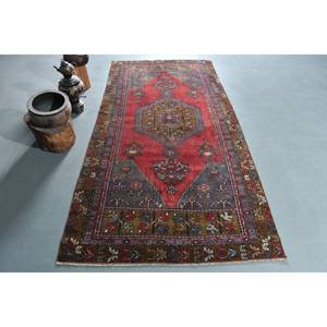 Alfombra turca vintage, diseño de retazos clásico rojo y azul, 4x8,5 pies, área grande de lana, látex para adolescentes, alfombra para habitación de pasillo - Product Image 1