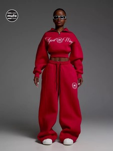 Chándales de dos piezas de moda informal, novedad de Color sólido, 100% algodón para mujer, forro polar personalizado completo de alta calidad, servicio OEM - Product Image 2