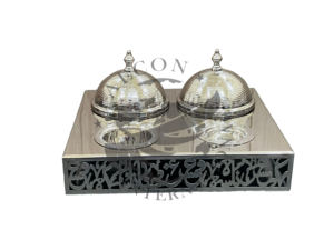 Plateau de calligraphie arabe en acier inoxydable du Moyen-Orient pour servir le plateau de service nickelé - Product Image 5