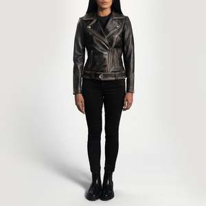 Veste de motard en similicuir marron Rumy avec motif vieilli, col montant en tissu satiné - pour toutes les saisons - Product Image 3