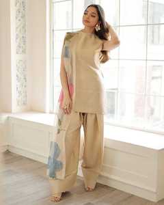 Vestido informal de 3 piezas para mujer, Farshi pakistaní, indio, Punjabi, ajustado, Patiala, Shalwar, cierre de botón, sólido, ecológico, Natural - Product Image 5