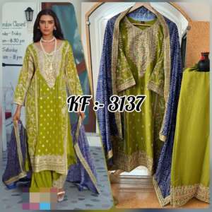 Nouvelle Collection Pure Perroquet Couleur Brodé Attrayant Party Wear Chinon Tissu de Soie Kurti Pant Dupatta au Meilleur Prix - Product Image 5