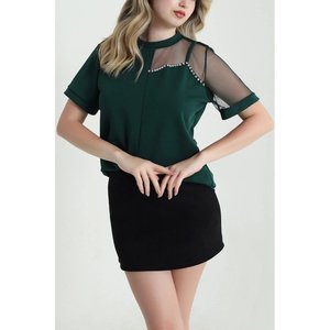Blusa de Crepé de Manga Corta para Mujer con Detalles de Tul y Adornos de Pedrería, 37319 - Verde - Product Image 1