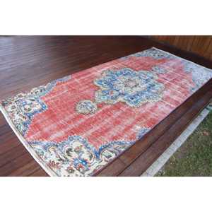 พรมตุรกีขนาด 3.9x8.7 ฟุต พรมวินเทจ พรมขนสัตว์ลายทางสีแดงน้ำเงิน - Product Image 2