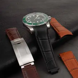 Top marque magnifique cuir de veau avec bracelet en grain d'alligator 20mm remise en métal bracelet fin incurvé souple pour bracelet de montre Rolex