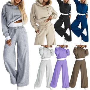 Ensemble de vêtements pour femmes Jogging et pantalon de survêtement Crop top Hoodie Ensemble Taille haute Pantalons larges Pantalons évasés Ensemble 2 pièces pour femmes - Product Image 2