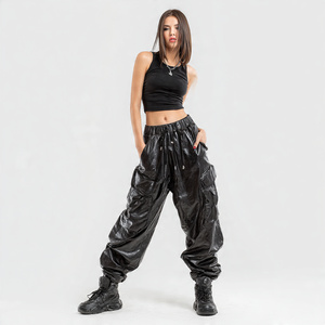 <b>Baggy</b> Fashionable Leather <b>Pants</b> <b>Women</b> Wide Leg Drawstring Waist <b>Cargo</b> Leather <b>Pant</b> Ladies Motor Biker PU Leather <b>Pants</b> <b>Women's</b> - Product Image 6