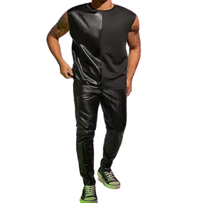 Camisetas sin mangas transpirables informales personalizadas para hombre, 100% poliéster, PU, piel sintética, bloque de color, dos tonos, cuello redondo, camisetas sin mangas - Product Image 6