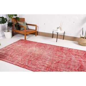 4.2x8.6 ft Rug, Vintage Rug, Turkish <b>Red</b> <b>Wool</b> Abstract Rug - Product Image 3