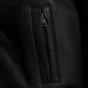 Chaqueta negra de cuero genuino para hombre con forro, puño, botón a presión, cuello vuelto, 2 bolsillos delanteros con cremallera, chaquetas con cierre de cremallera para hombre - Product Image 3