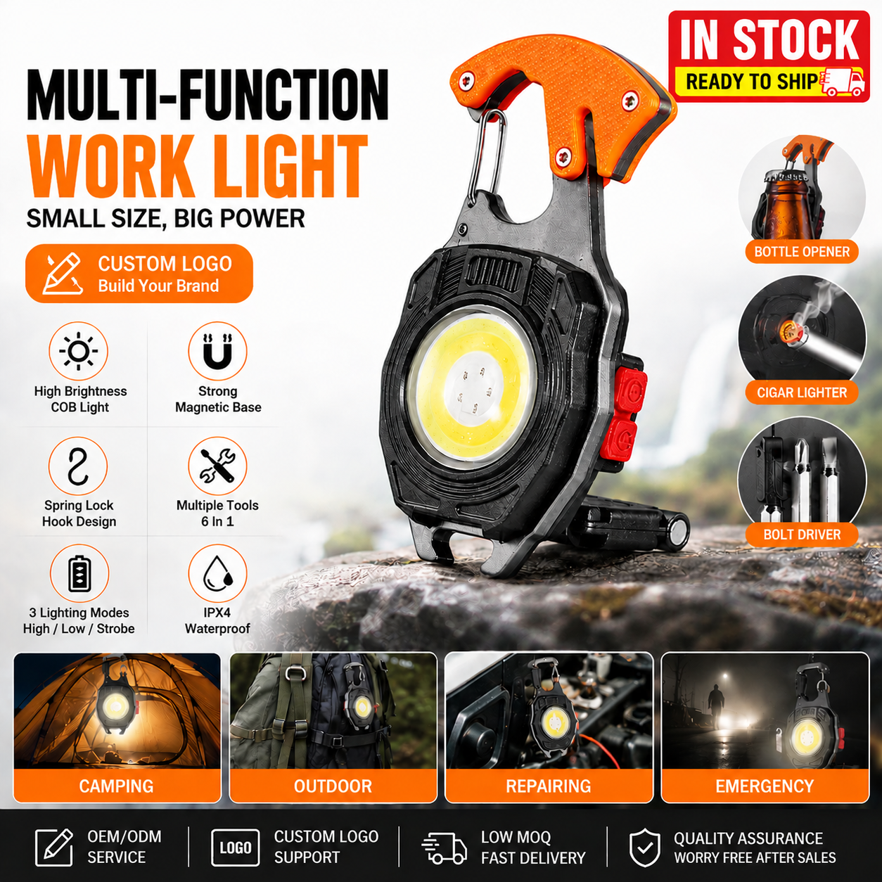 Hot Sale Multifunctional Wide Beam Magnet Work Lamp Key Ring Clip Design Workshop Garden Use Rechargeable Battery IP44 Torch SOS