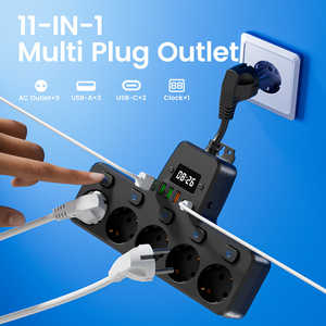 Enchufe Inteligente Multiusos 11 en 1, 5 Tomas de Corriente Alterna, 3 Puertos USB-A/2 Puertos USB-C, Enchufe Europeo (220-240V), Interruptores Independientes con Reloj - Product Image 1