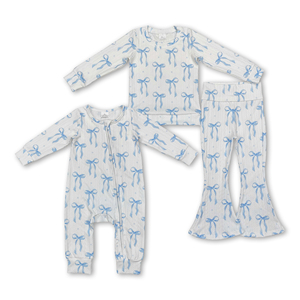 Conjuntos de ropa para niñas y bebés: Top de punto con lazo azul claro OEM/ODM/RTS y pelele para bebé, venta al por mayor de ropa para niñas - Product Image 2