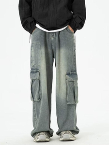 กางเกงคาร์โก้ลำลองสำหรับผู้ชาย, กางเกงยีนส์เอวกลางเอวสูงเป็นมิตรกับสิ่งแวดล้อมกันลมระบายอากาศได้ดีสไตล์อเมริกันย้อนยุคซักใหม่หลวม - Product Image 6